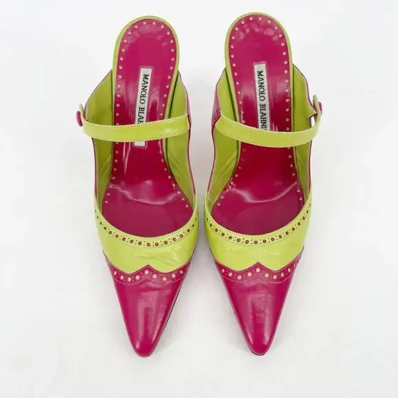 Manolo Blahnik Vintage Lime Pink Wingtip Mary Jane Pointed Toe Mule Heel IT 37 - Picture 5 of 11